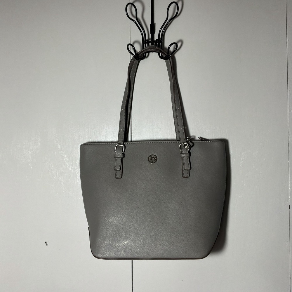 Anne Klein Gray Pebbled Large Tote Bag Zip With Card Holder Silver Hardware